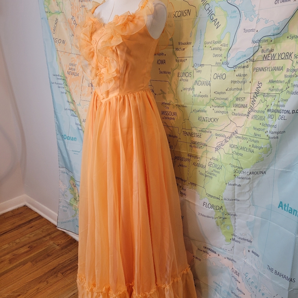 Vintage 1970s Full-length Prom Dress Peach Ruffles Long Flowy Chiffon Formal - Picture 5 of 16